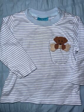 Kids Long Sleeve Striped Tee with Puppy Patch - Light Blue - Claire